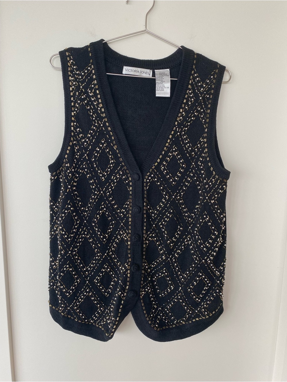 Vintage Victoria Jones Woman Black Beaded V-Neck Sweater Vest